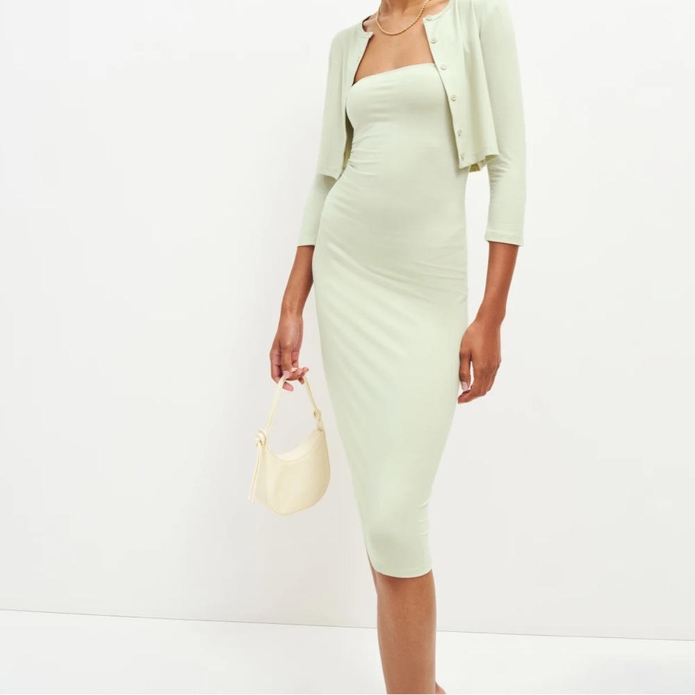 Reformation Galactic Knit Two Piece Strapless Tube Dress & Sweater Cardigan Set